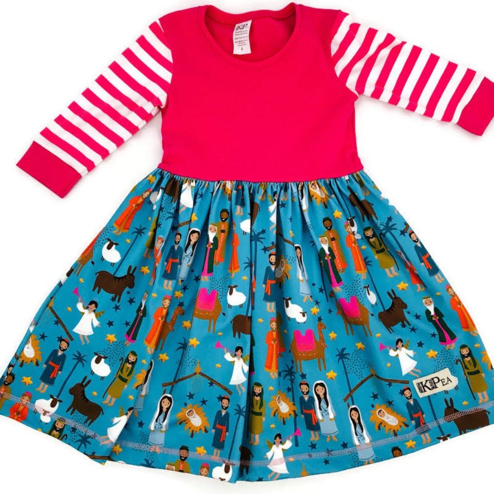KPea Original Blue Pink Striped Nativity Christmas Holiday Dress NWOT